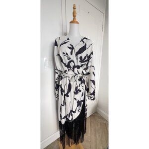 Women Size 8-10 Wrap Dress Black White Fringe Lantern Sleeve SHEIN Allover Print